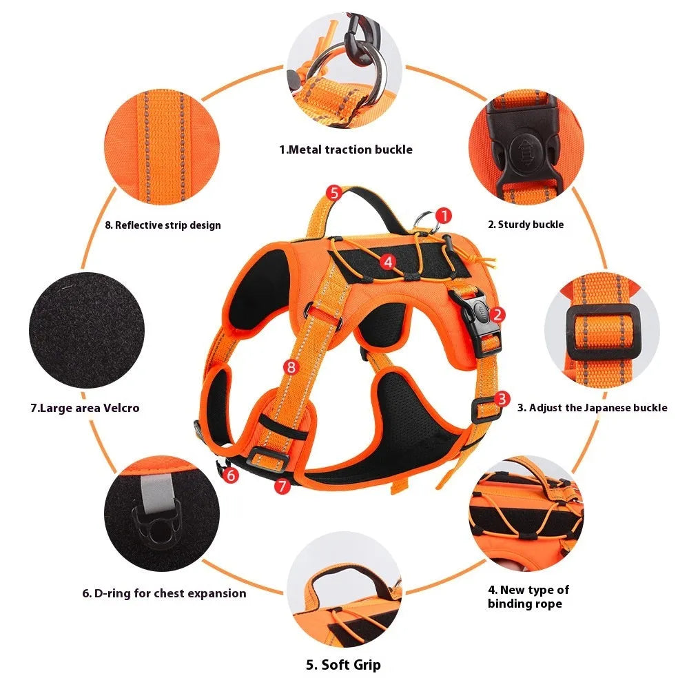 Orange reflective dog harness with explosion-proof design and a black hand-holding rope attached.