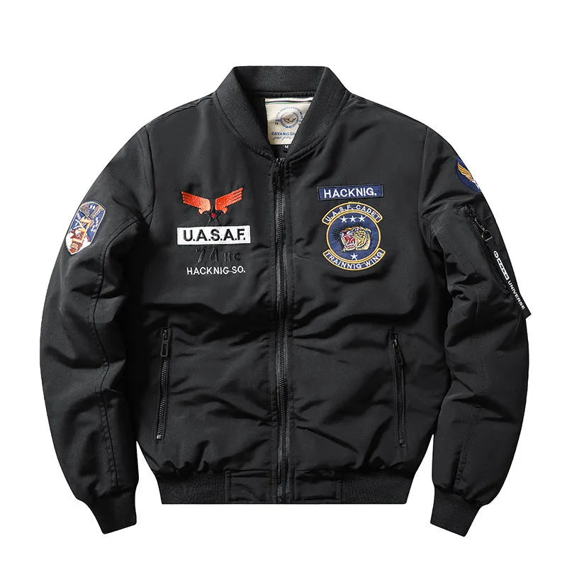 Slim-fit men's stand collar coat with retro embroidery and patch pockets
