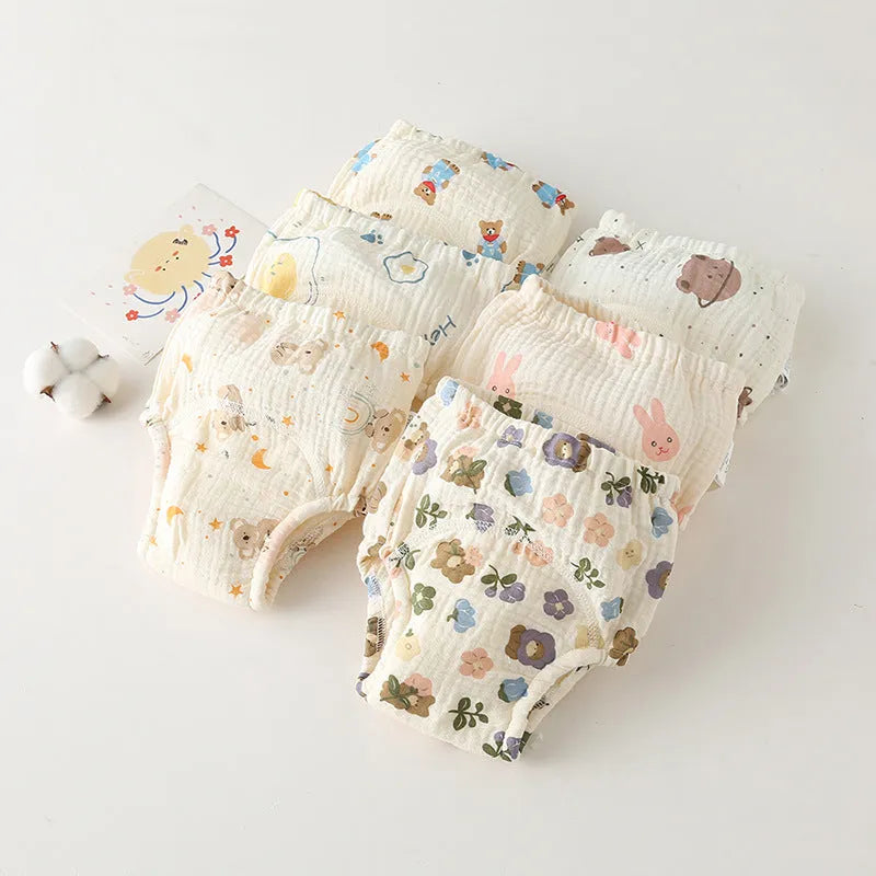 Pure cotton gauze baby training pants with waterproof layer, fun print, sizes 80-110 for potty training