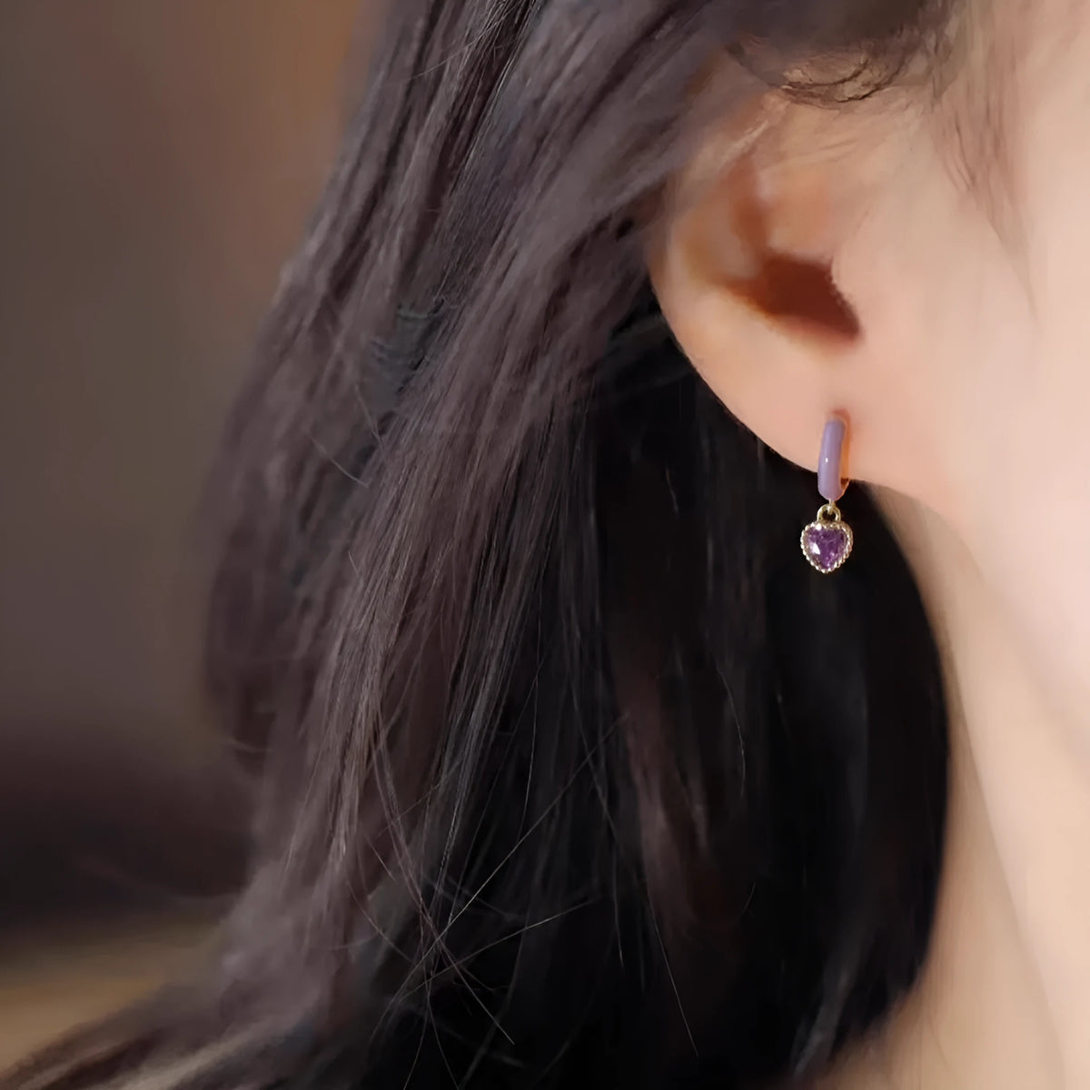 Purple enamel love heart earrings in gold with copper body and geometric bohemian heart design