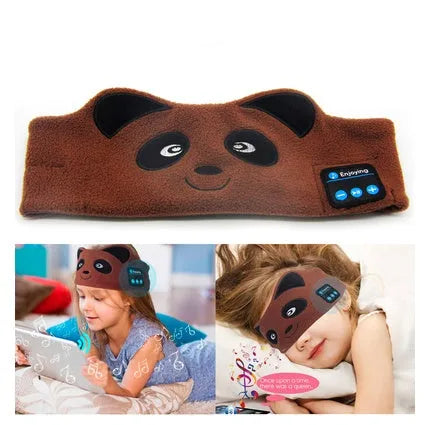 Black Bluetooth sleep mask headphones showing soft eye mask with integrated flat earphones and adjustable strap.