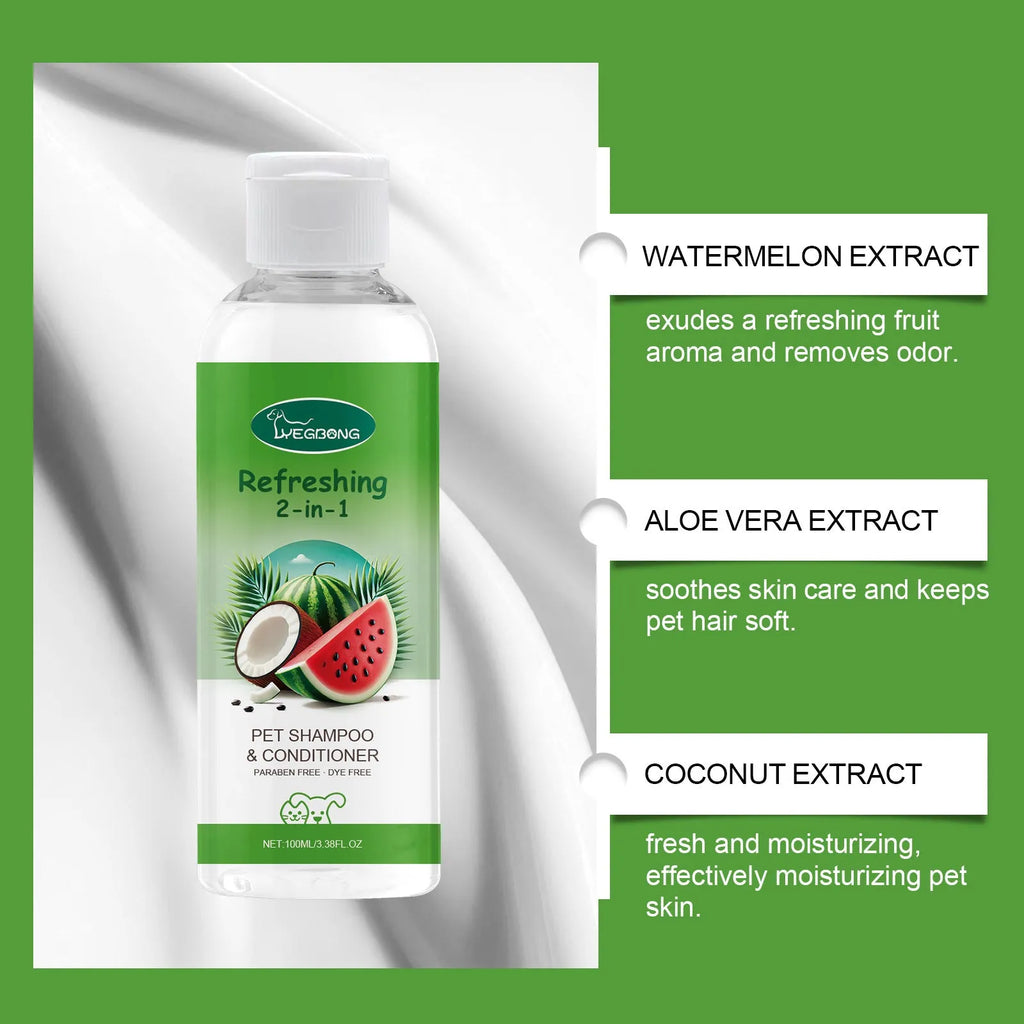 A 100ml bottle of 2-in-1 pet shampoo and shower gel for dogs and cats.