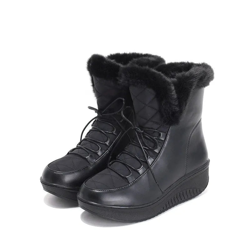Women's black lace-up winter boots with a platform sole and plush lining.
