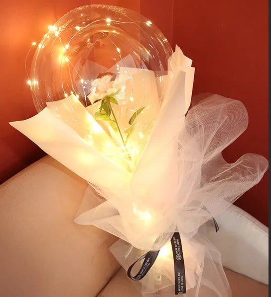 DIY LED luminous balloon rose bouquet set with transparent Bobo balls and LED lights on artificial flowers