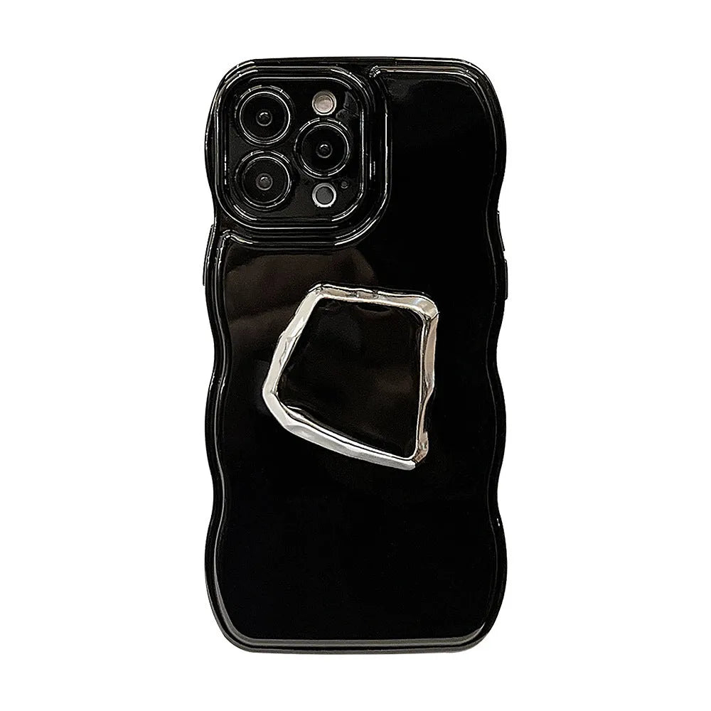 Black geometric bracket TPU phone case with wave pattern and metallic finish for Apple iPhone