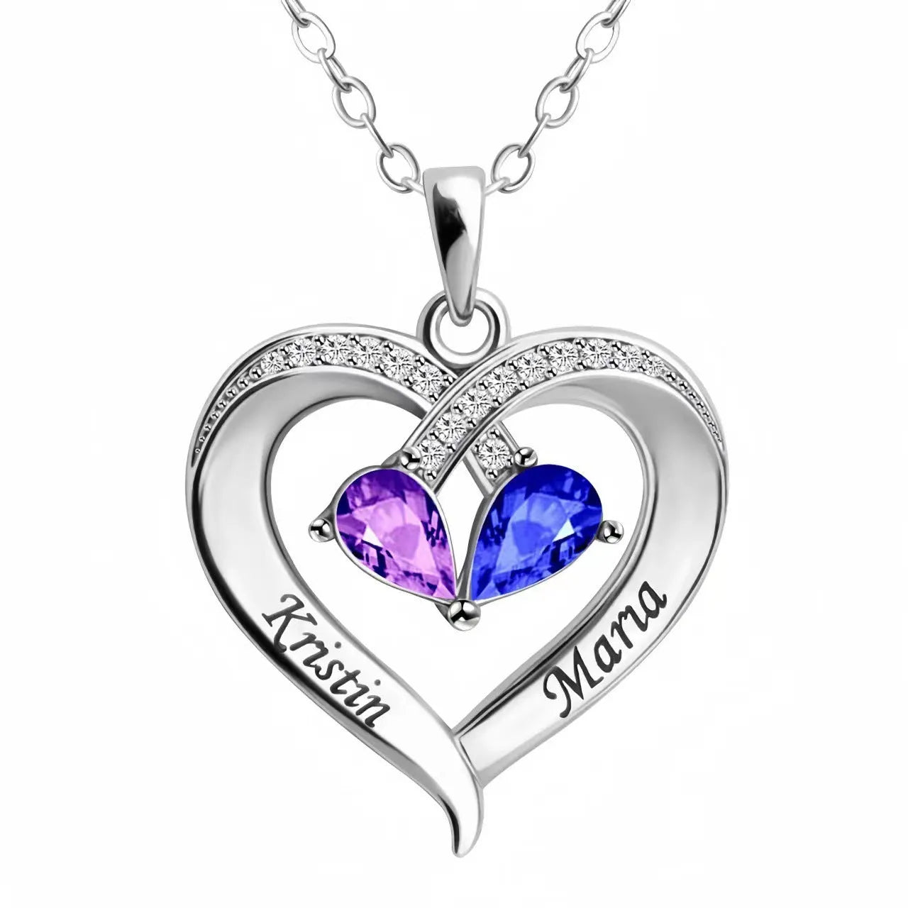 Two-colour water drop heart pendant necklace with diamond and birthstone for women.
