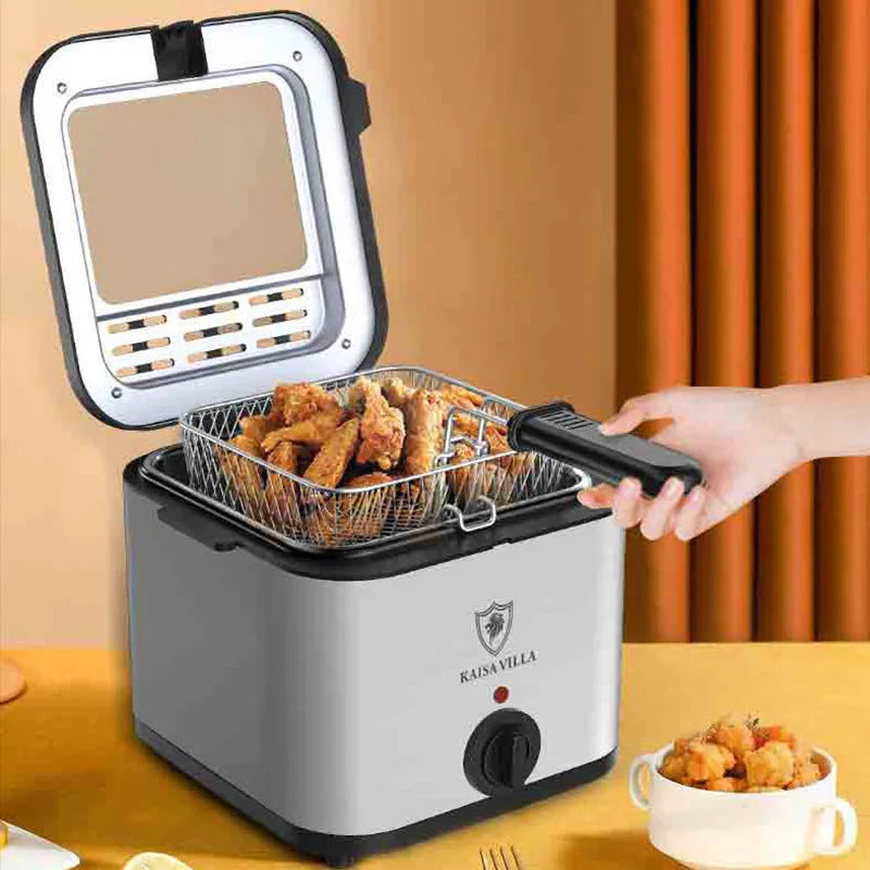 Silver electric air fryer with detachable basket on kitchen countertop