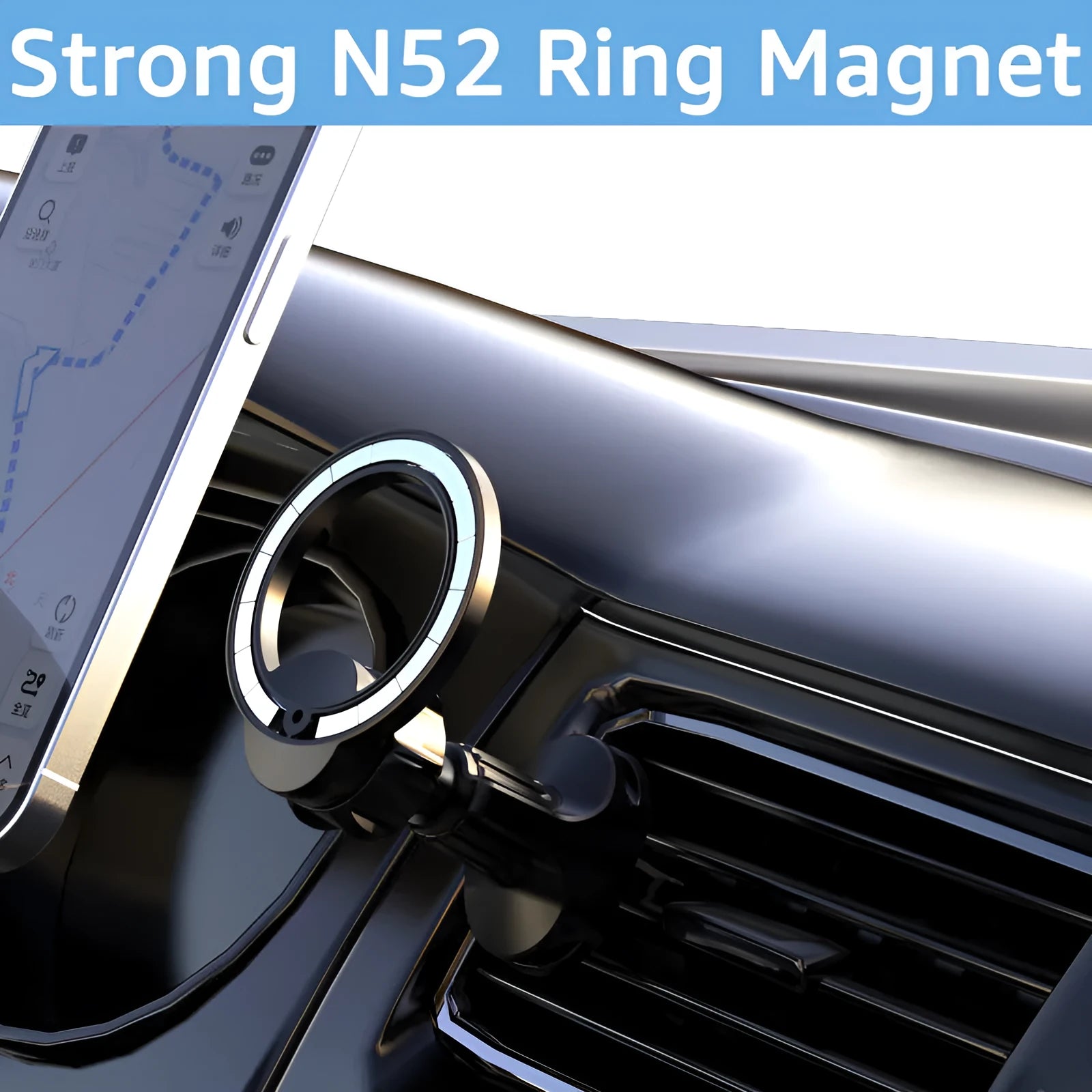 Black magnetic car air vent phone holder with O-ring bracket for mobile devices