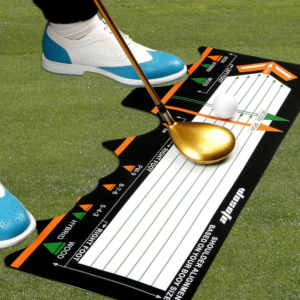 Black neoprene golf swing stance correction pad on grass