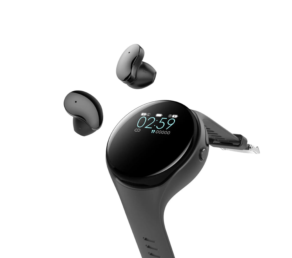 Black smart fitness bracelet with detachable TWS Bluetooth earbuds on a wrist, showing colour screen.