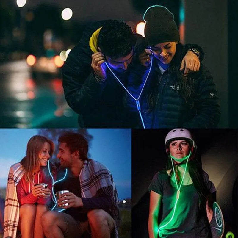 Blue, green, and pink LED earphones with glowing cables next to a smartphone, showcasing their music-reactive light feature.
