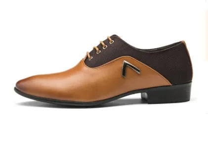 Men's black Oxford shoe with artificial PU upper and rubber sole, shown on a size chart background.