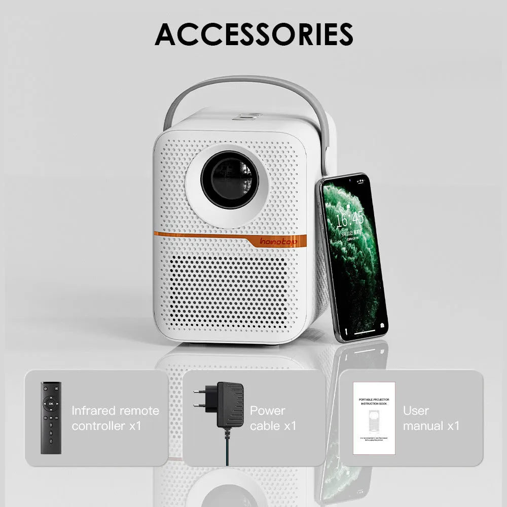 Black portable Android projector displaying 720p HD content with UK plug specification