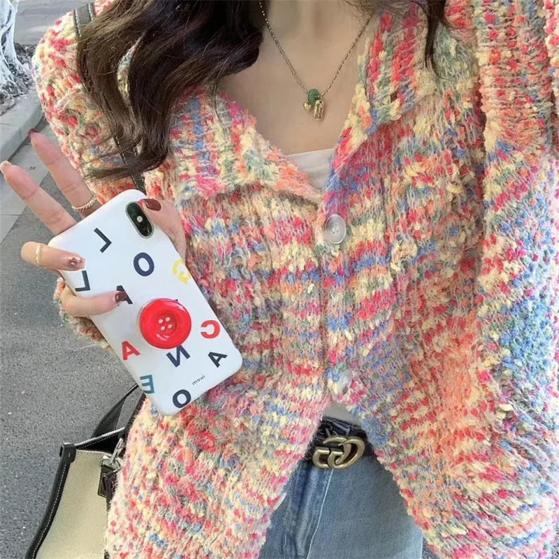 Retro rainbow knitted cardigan in pink and green, slim fit, with a textured toothbrush hair acrylic fabric.