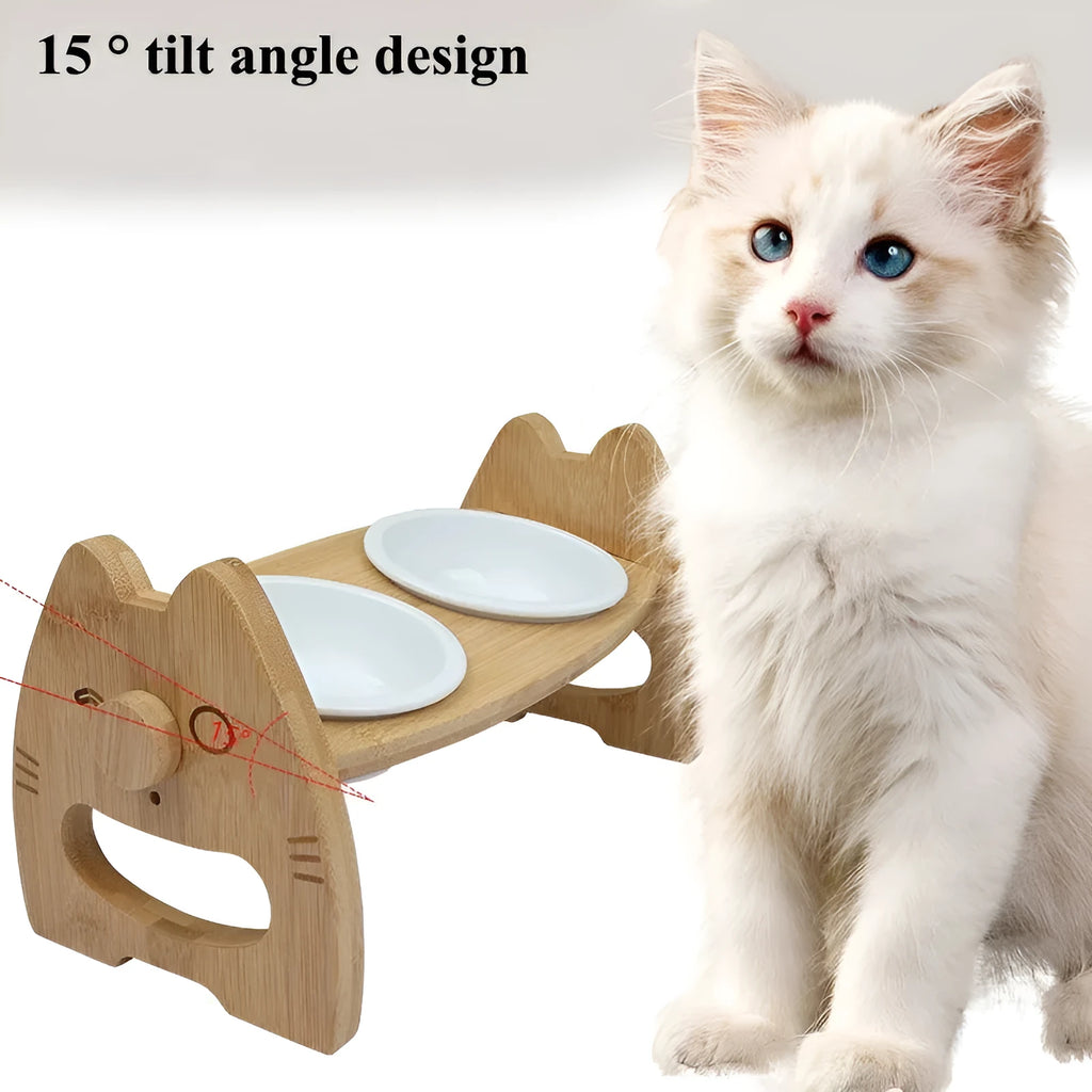 Height adjustable ceramic double bowl on bamboo stand for cats and dogs, original wood colour, non-slip base