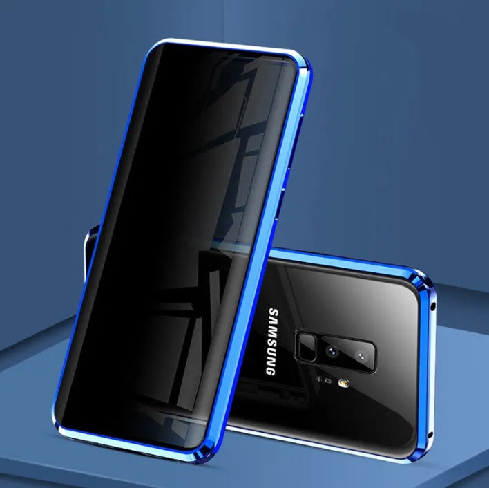 Black clamshell magnetic phone case for Samsung Galaxy with anti-peeping screen, open to show interior.