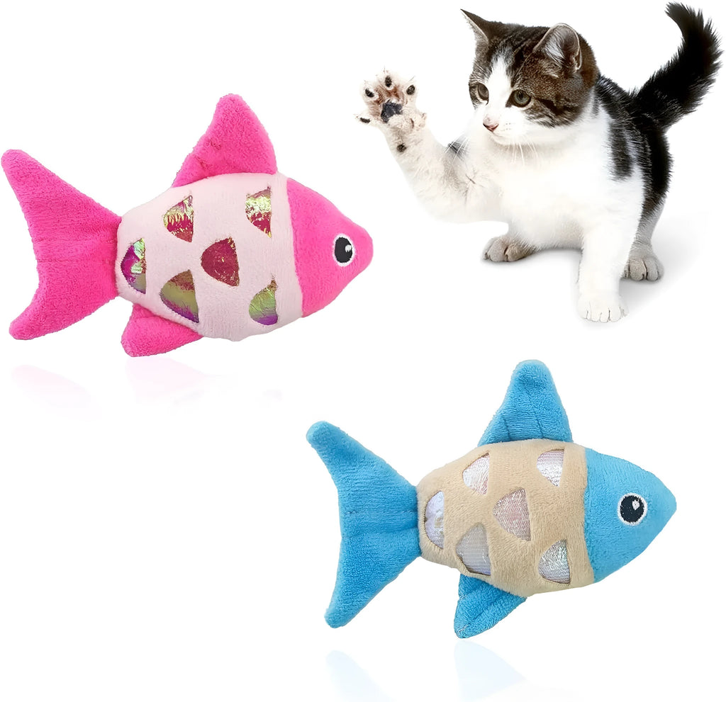Two goldfish-shaped cat toys in blue, orange, and pink colours with soft plush exterior