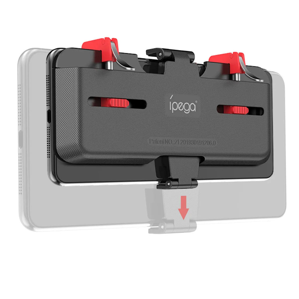 Black mobile phone gaming bracket with a trigger button and an extended telescopic phone clip.