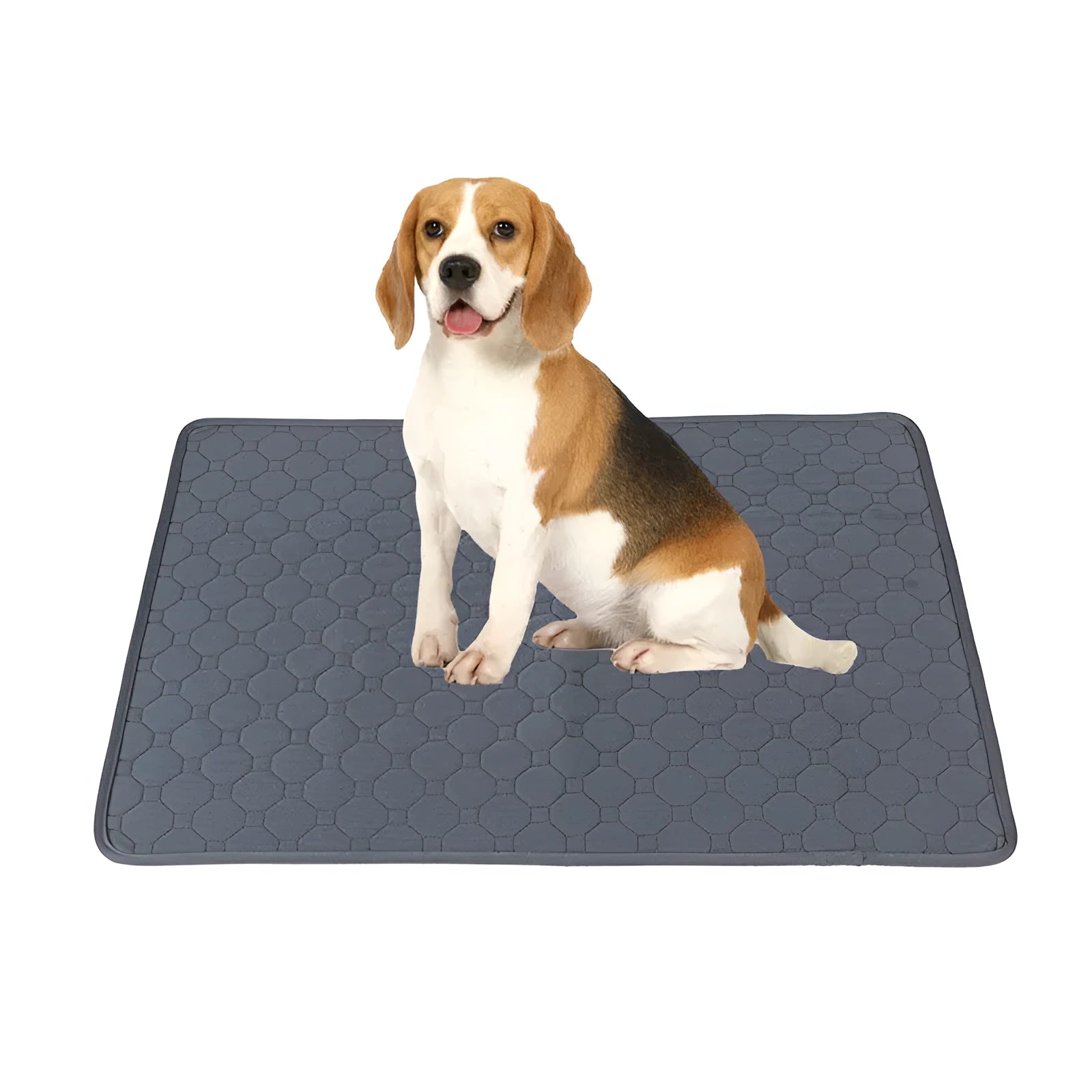 Tan and grey washable dog pee pad on a wooden floor, measuring 18 by 24 inches.