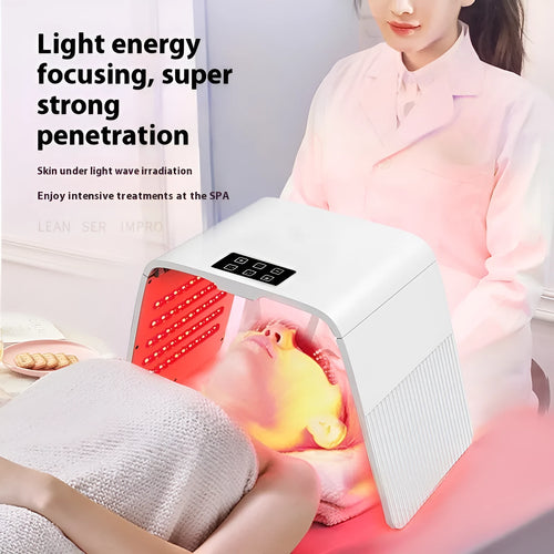 White plastic beauty instrument with red and blue light lamps and cold spray nozzle, 32x9.5x27cm