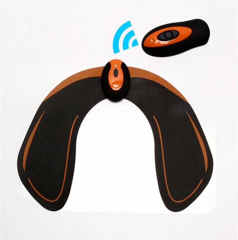 Compact black EMS muscle stimulator unit with conductive gel pads for abdominal and buttock toning