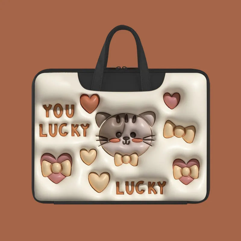 Inflatable PU leather laptop bag with cartoon design hanging from suitcase handle