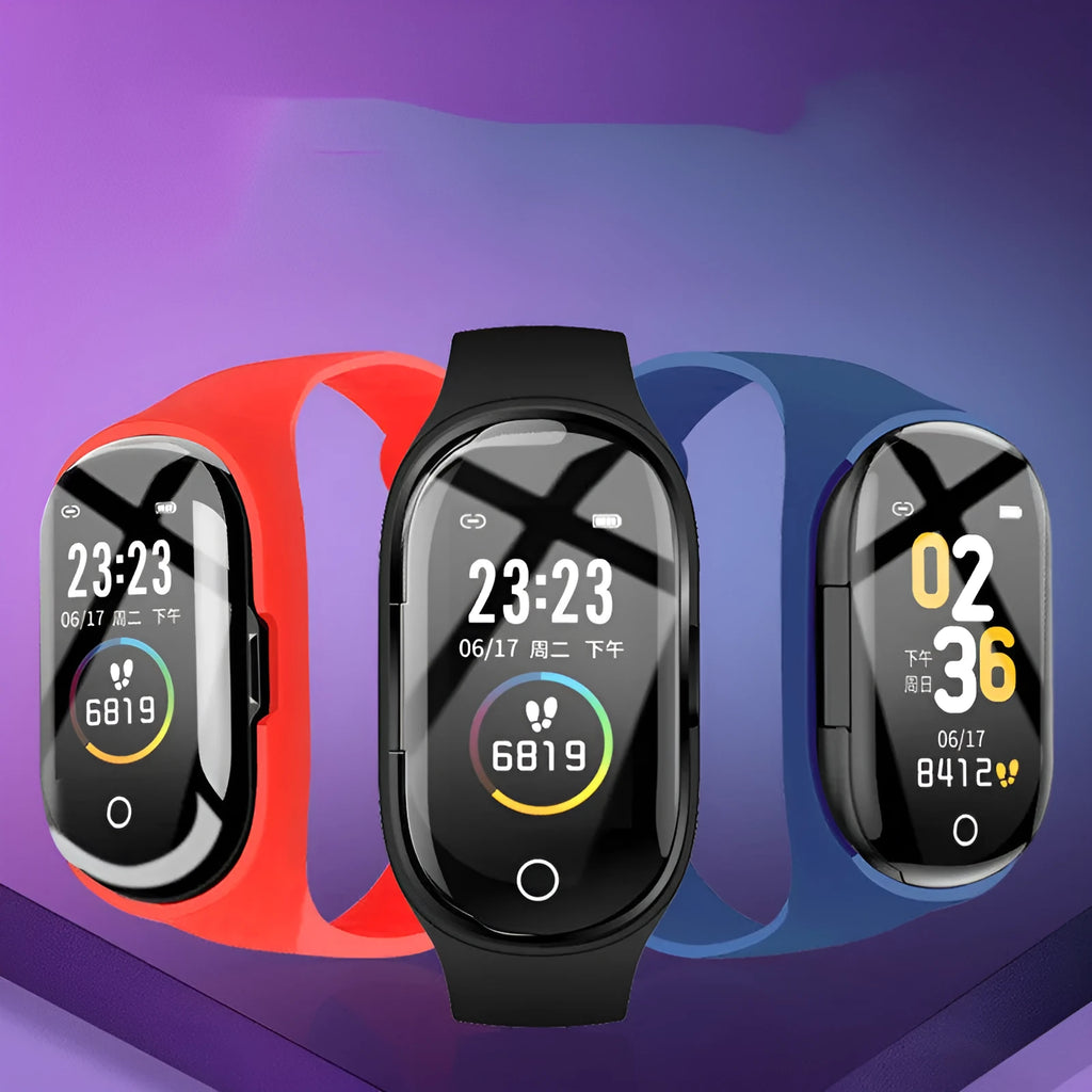 Smart bracelet with integrated wireless earphones showing 1-inch touchscreen display on silicone wristband