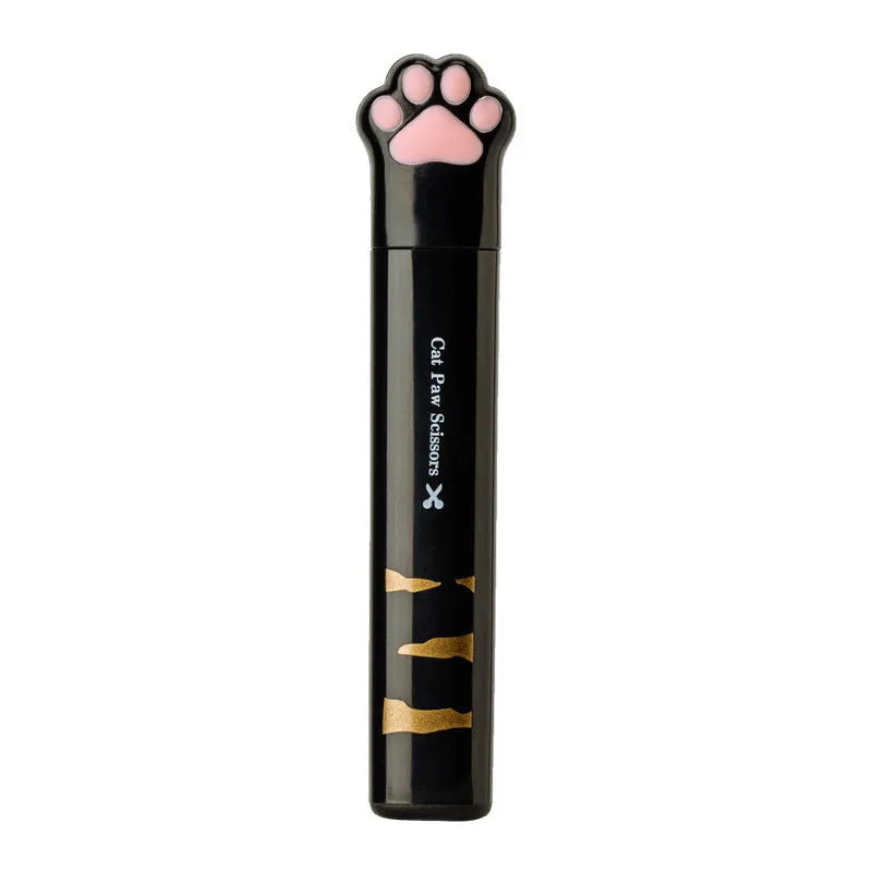 Set of four mini folding scissors with cat paw design in black, blue, pink, and white colours on a plain surface.