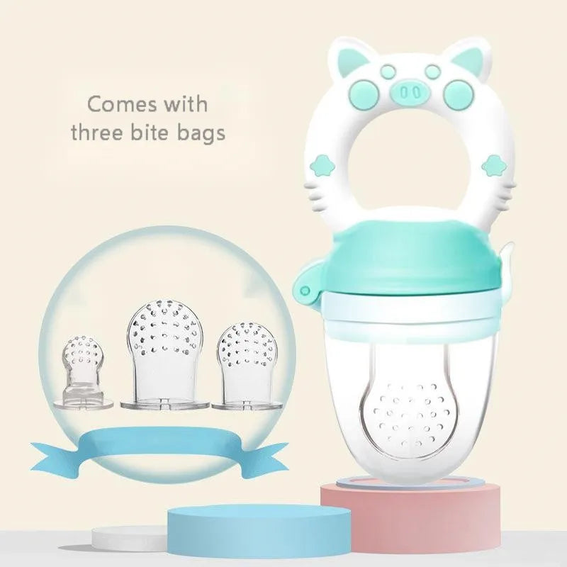 Silicone baby teether in blue colour with multiple textured mouthpieces for infant gum relief