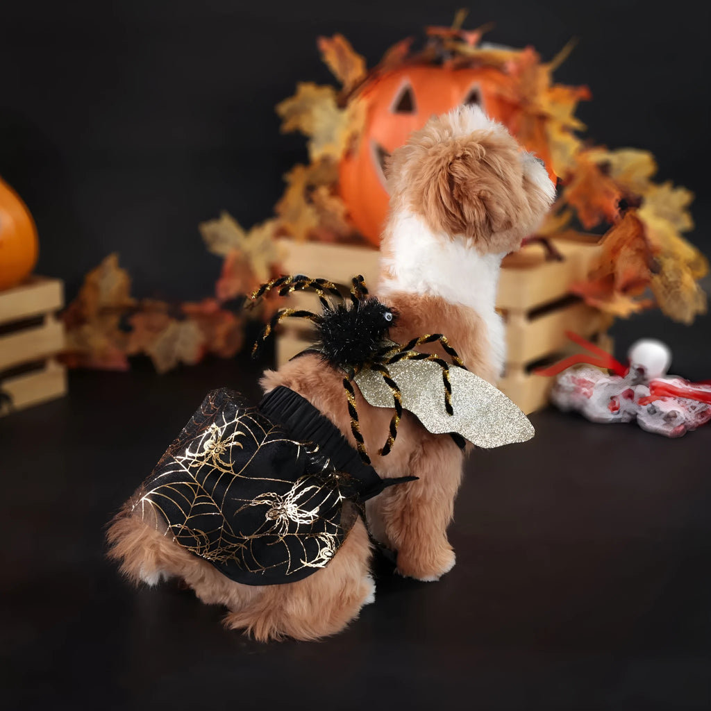 Polyester dog costume suit for Halloween parties in sizes small, medium, large, extra-large.