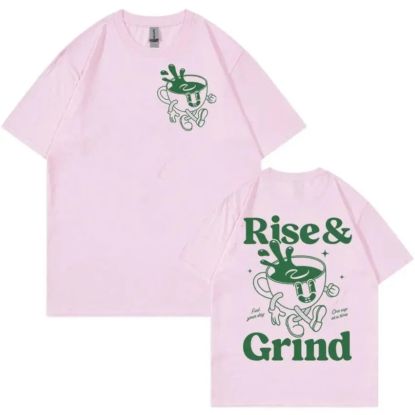 Men's loose fit linen T-shirt with green coffee cartoon design in multiple colour options