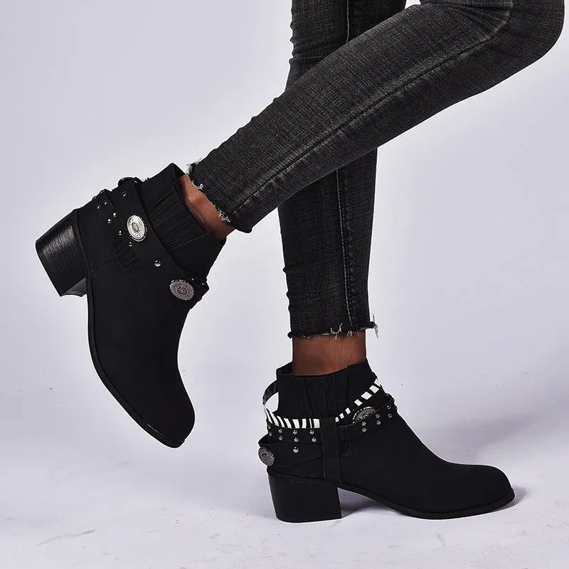 Vintage women's round toe thick heel shoes with tassels back tie in black artificial PU leather