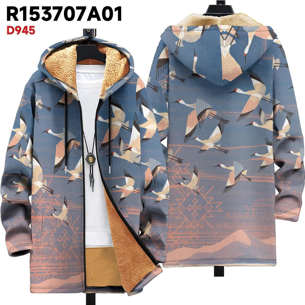 Man wearing a multicolour digitally printed hooded cardigan with a front zipper in a loose fit.