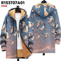 Man wearing a multicolour digitally printed hooded cardigan with a front zipper in a loose fit.