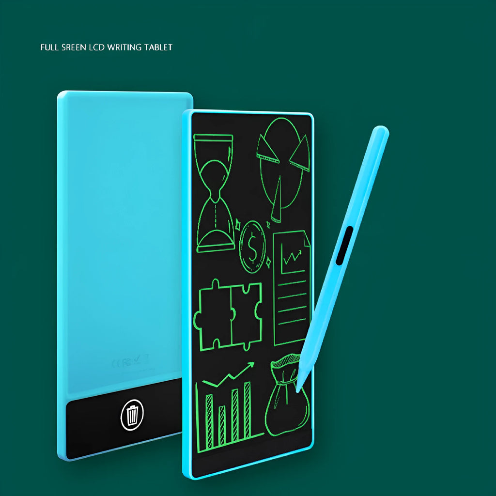 Blue LCD writing tablet with stylus on a 6.5-inch screen showing handwritten notes.