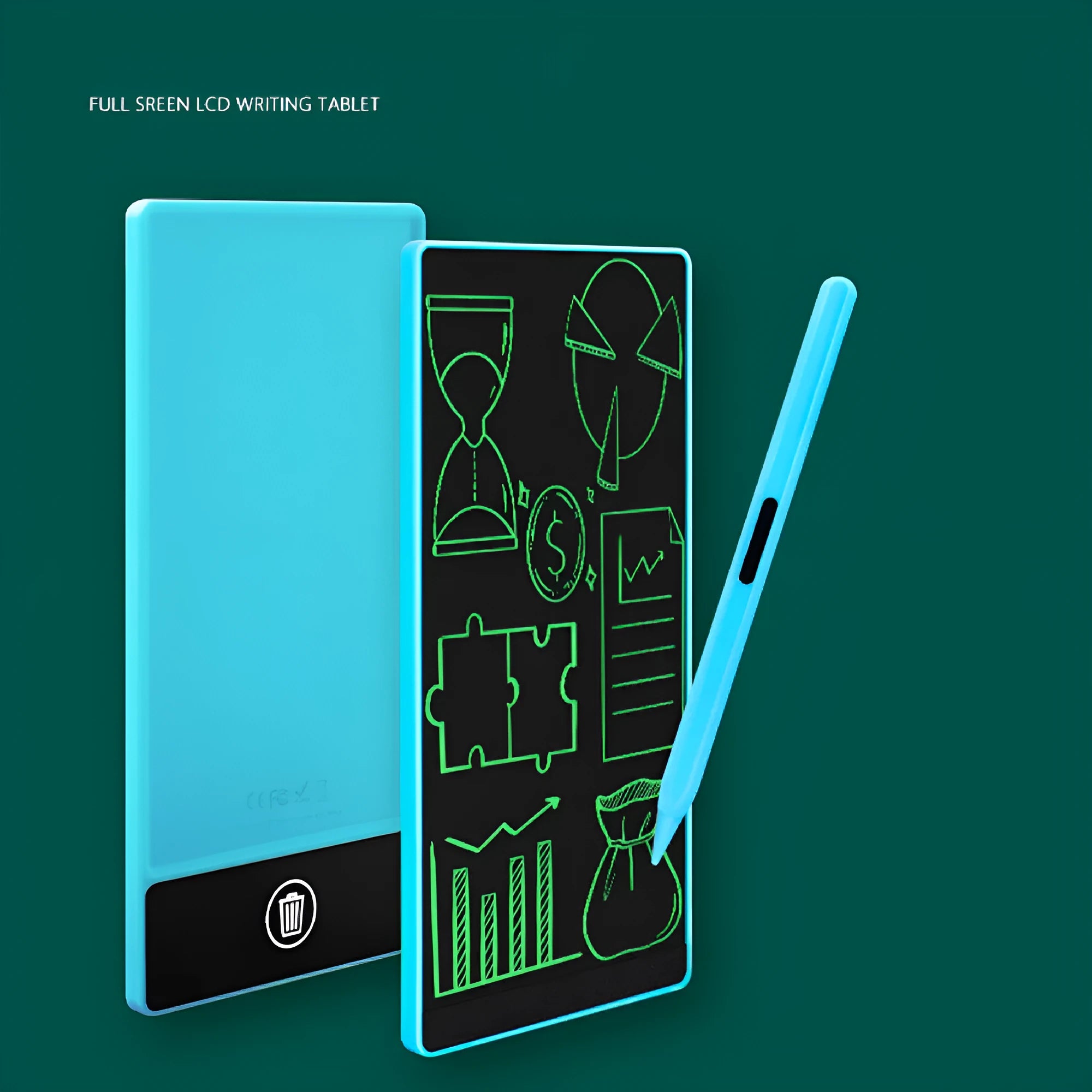 Blue LCD writing tablet with stylus on a 6.5-inch screen showing handwritten notes.