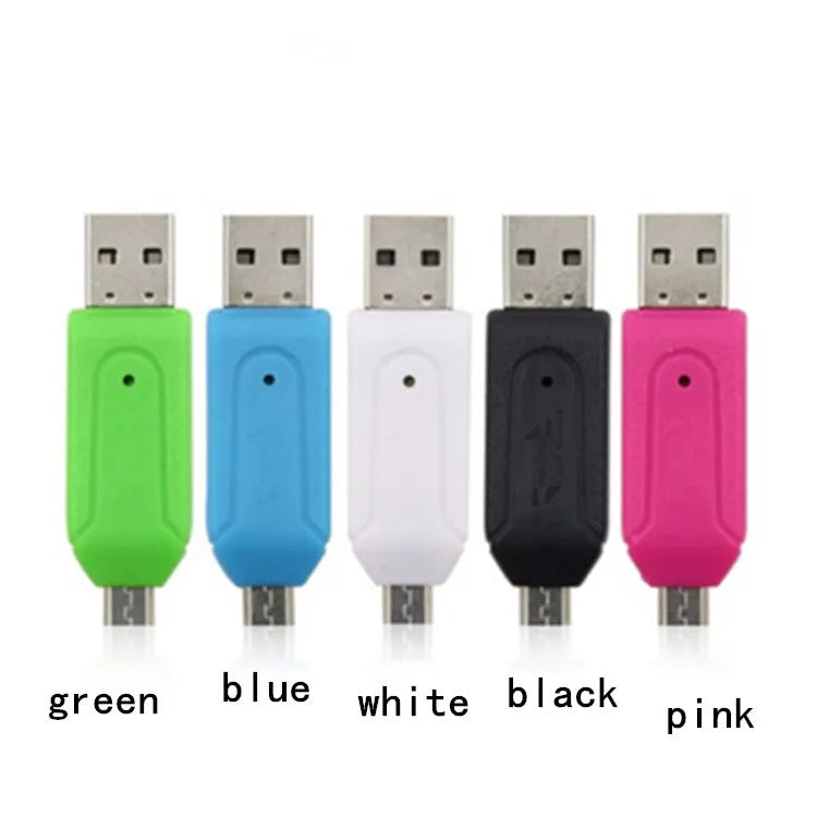 OTG dual-purpose card reader in black with micro USB plug and slots for SD and TF memory cards.