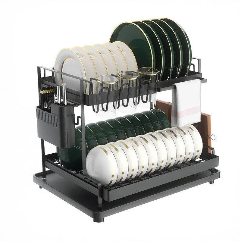 Modern white double-layer kitchen draining and storage rack made from carbon steel.