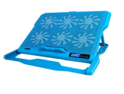Laptop cooling board with metal mesh construction and LCD display showing speed controls