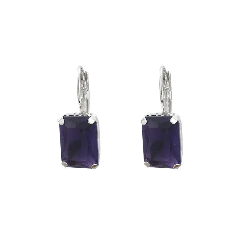 Women's square crystal copper earrings measuring 25mm by 10mm in purple, red and yellow colours