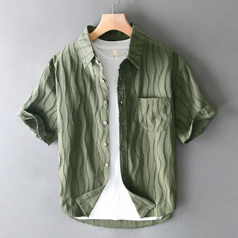 Men's apricot pure cotton loose-fit short sleeve casual shirt on a hanger.