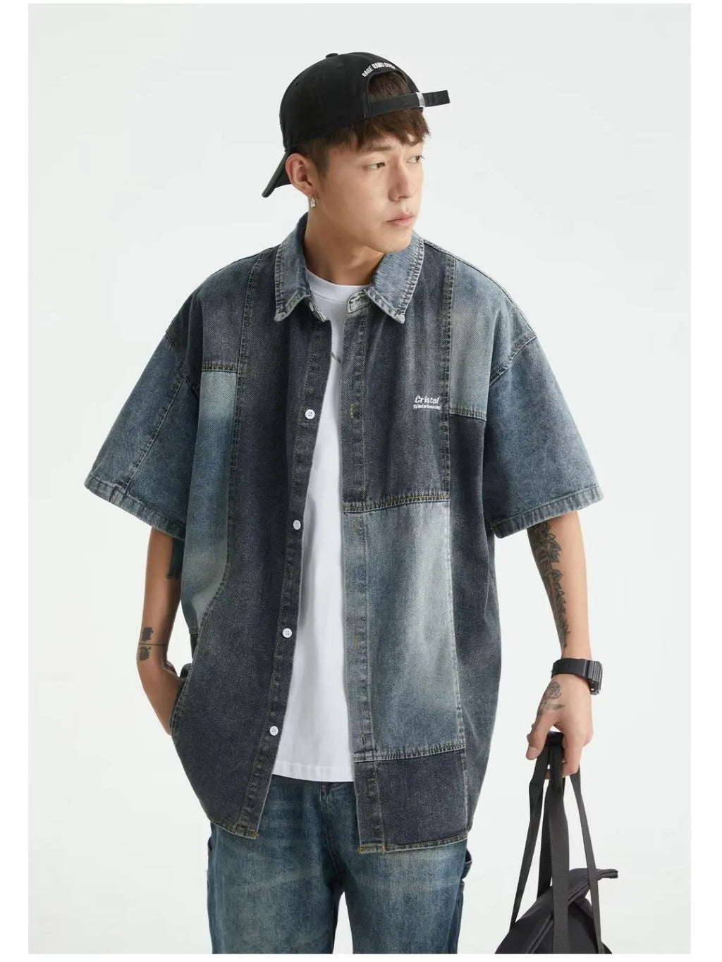 Blue men's Japanese-style retro denim shirt with washed stitching detail and loose cardigan fit