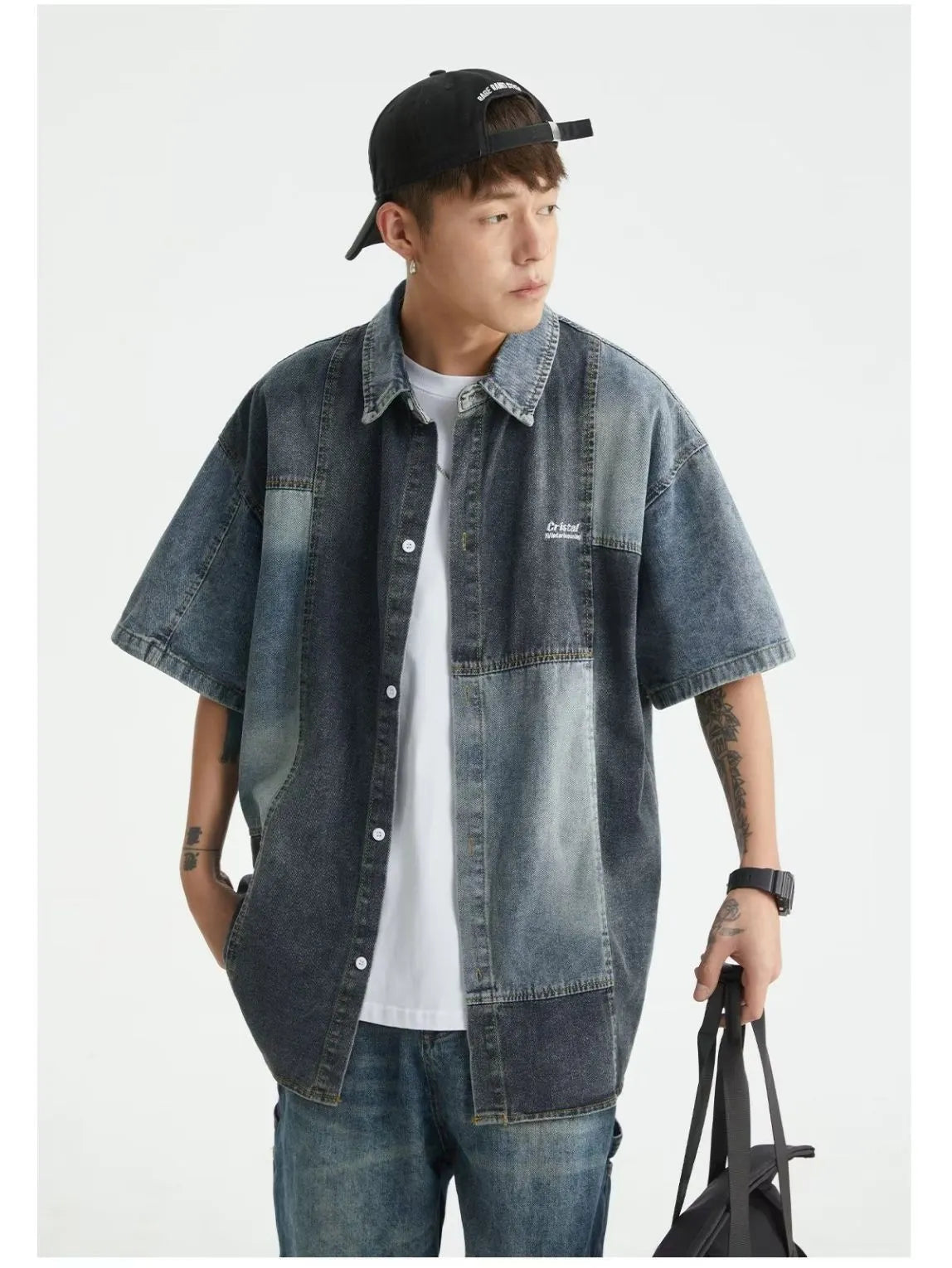 Blue men's Japanese-style retro denim shirt with washed stitching detail and loose cardigan fit