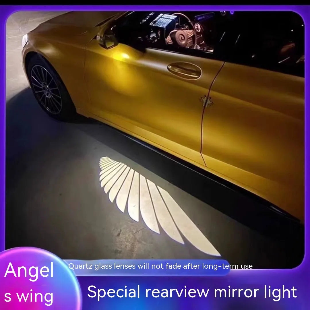 Car rearview mirror courtesy lamp with angel wings design showing white light projection