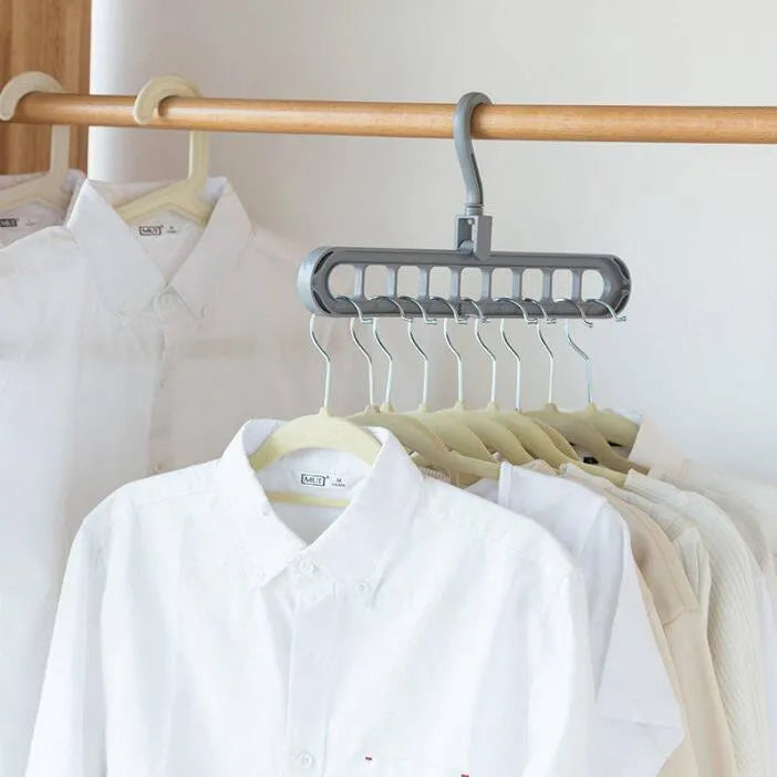 Plastic clothes hanger organiser with rotating hook in various colour options on white background