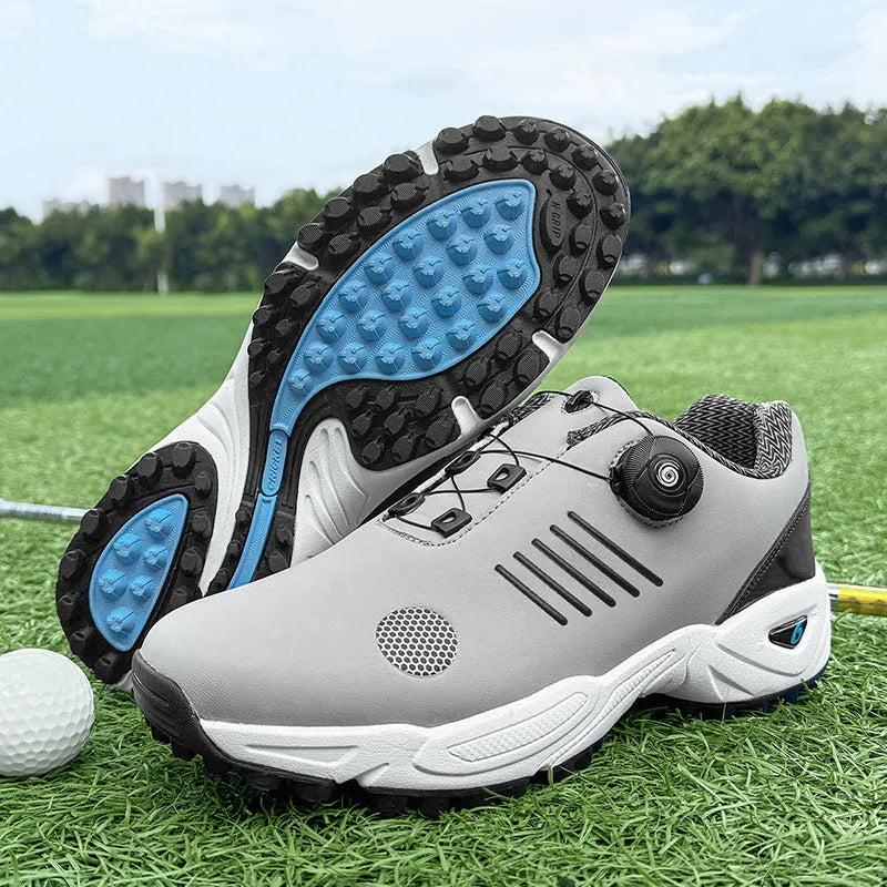 Men's rotating shoelace lightweight golf shoes in black with rubber sole and mesh inner