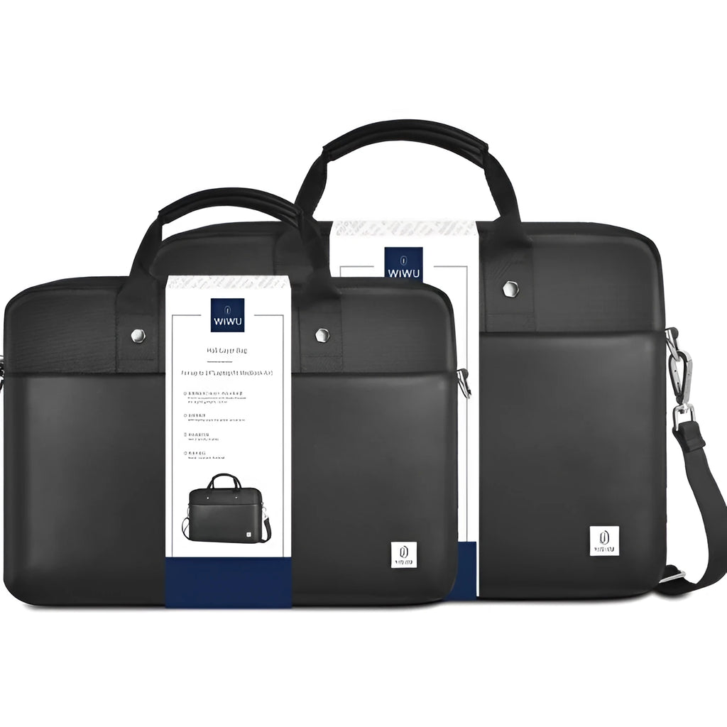 Black Oxford cloth laptop bag showing multiple interior organisational pockets and a security lock.