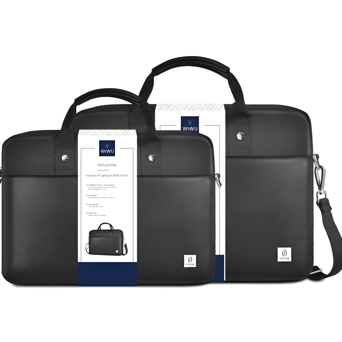 Black Oxford cloth laptop bag showing multiple interior organisational pockets and a security lock.