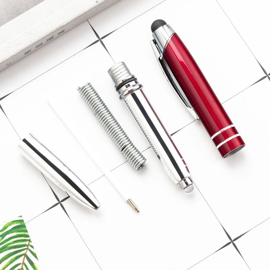 Multifunctional metal capacitive stylus and LED light ballpoint pen in red, black, white, green, or blue