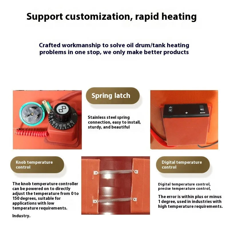 Silicone rubber heating belt wrapped around 200-litre oil drum with control unit